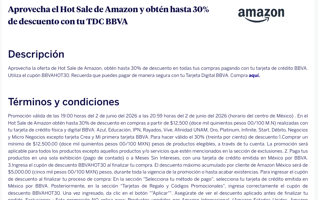 bbva cupon 30$ Amazon